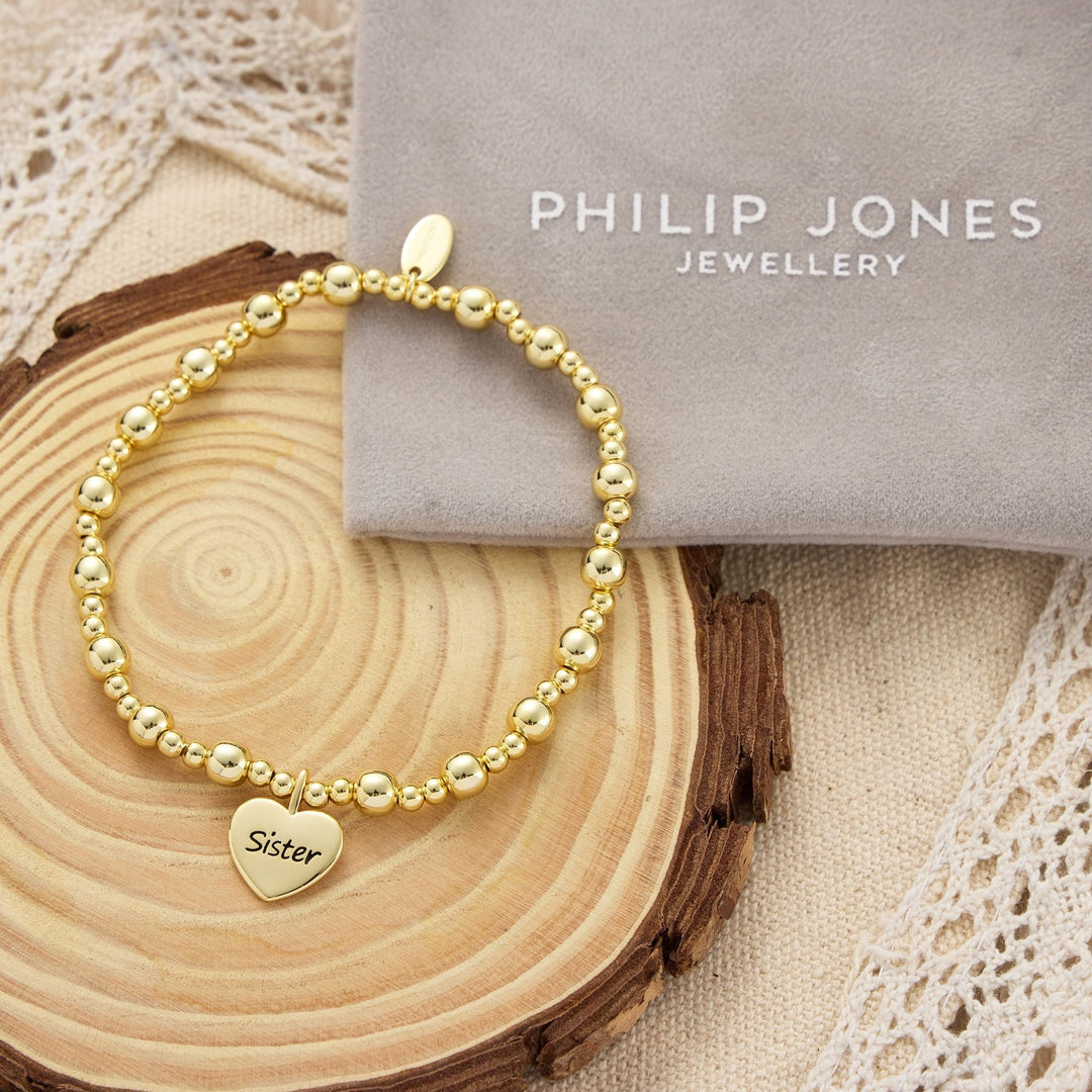 Gold Plated Sister Heart Charm Beaded Stretch Bracelet - Philip Jones Jewellery