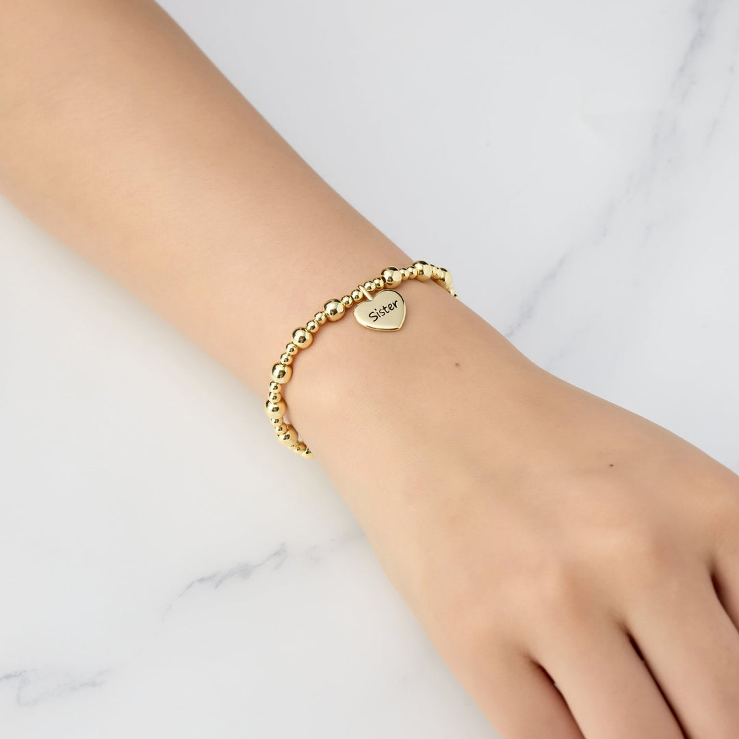 Gold Plated Sister Heart Charm Beaded Stretch Bracelet - Philip Jones Jewellery