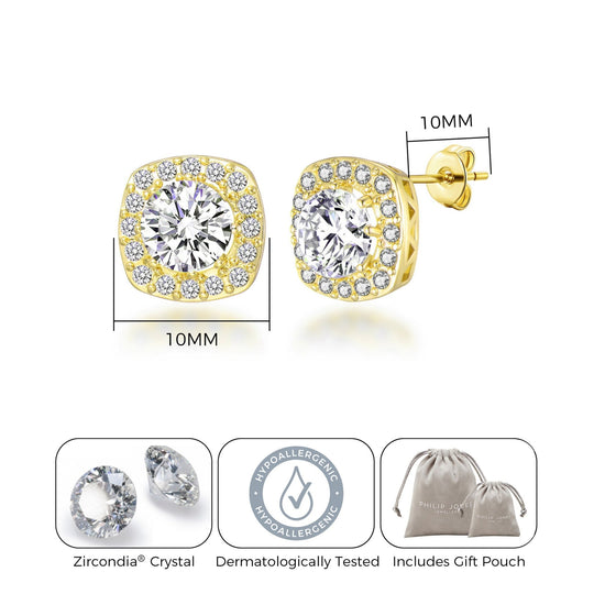 Gold Plated Square Halo Earrings Created with Zircondia® Crystals - Philip Jones Jewellery