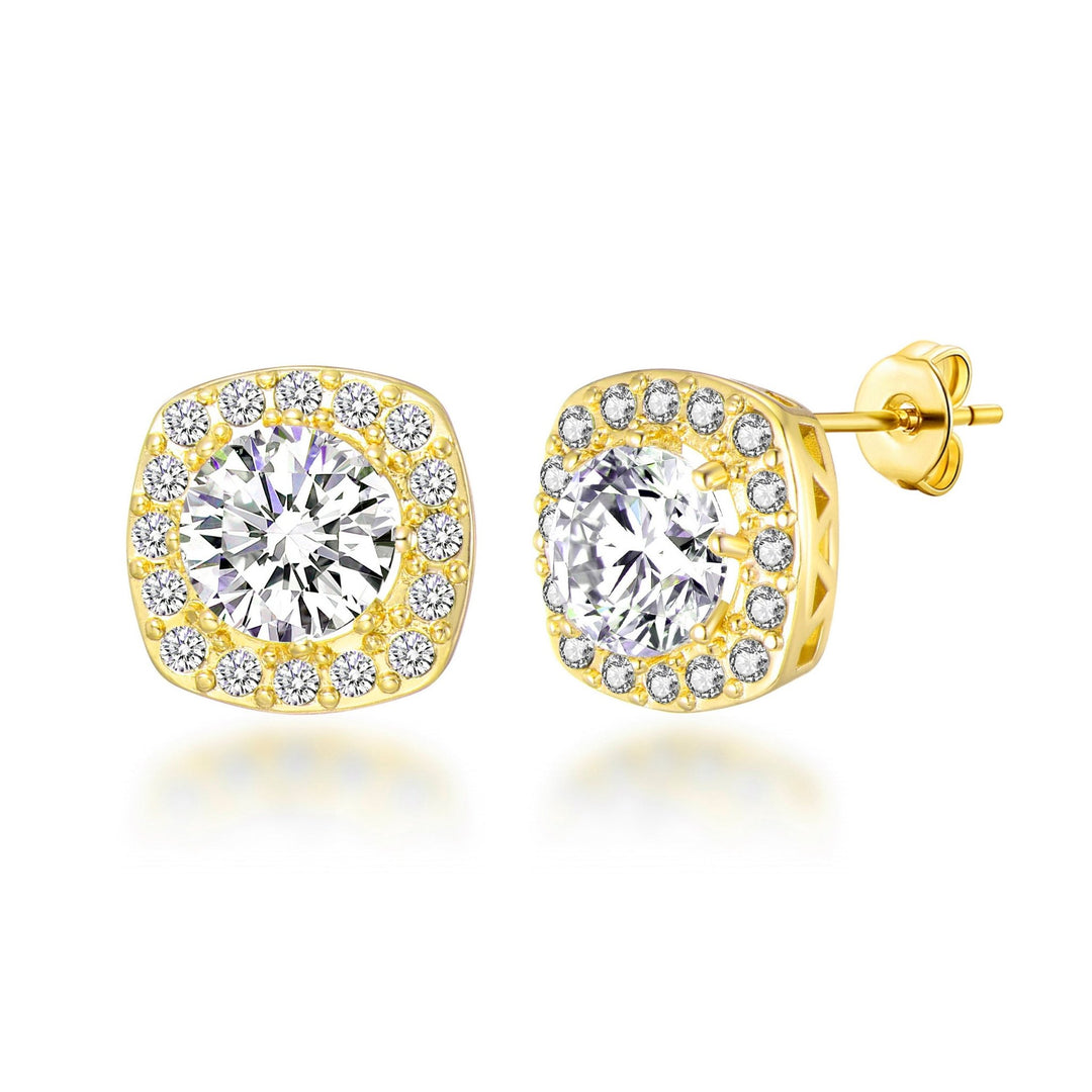 Gold Plated Square Halo Earrings Created with Zircondia® Crystals - Philip Jones Jewellery
