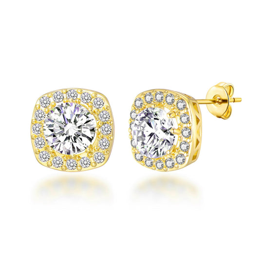 Gold Plated Square Halo Earrings Created with Zircondia® Crystals - Philip Jones Jewellery
