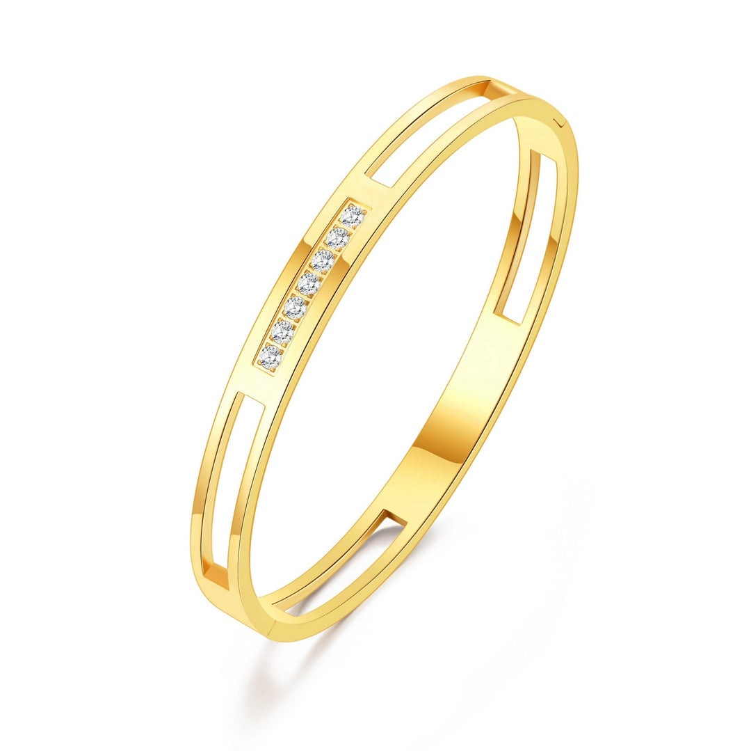 Gold Plated Stainless Steel Channel Bangle Created with Zircondia® Crystals (7 Inch) - Philip Jones Jewellery