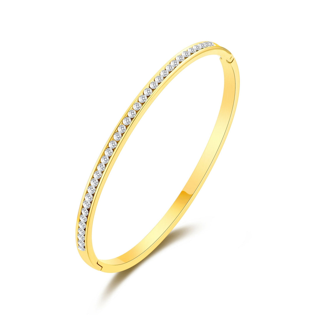 Gold Plated Stainless Steel Channel Set Bangle Created with Zircondia® Crystals (7 Inch) - Philip Jones Jewellery