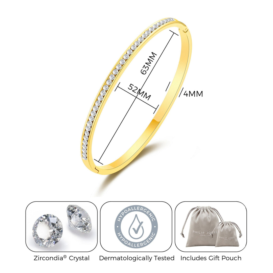 Gold Plated Stainless Steel Channel Set Bangle Created with Zircondia® Crystals (7 Inch) - Philip Jones Jewellery