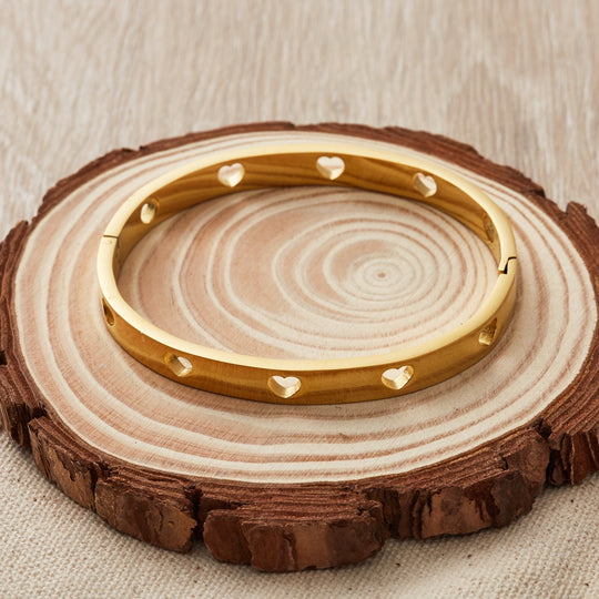 Gold Plated Stainless Steel Heart Bangle (7 Inch) - Philip Jones Jewellery