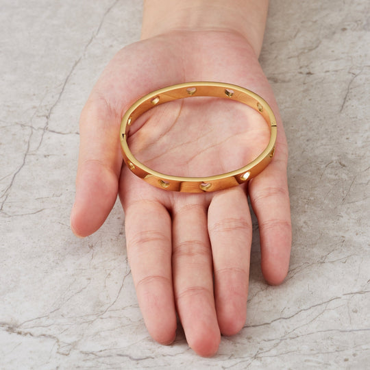 Gold Plated Stainless Steel Heart Bangle (7 Inch) - Philip Jones Jewellery