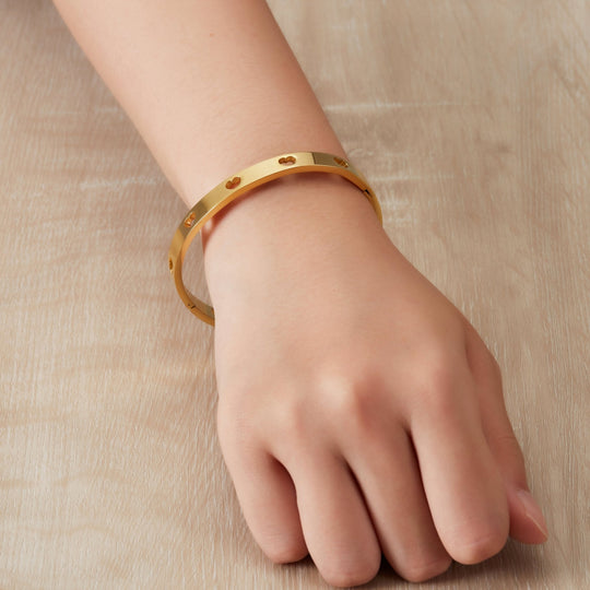 Gold Plated Stainless Steel Heart Bangle (7 Inch) - Philip Jones Jewellery