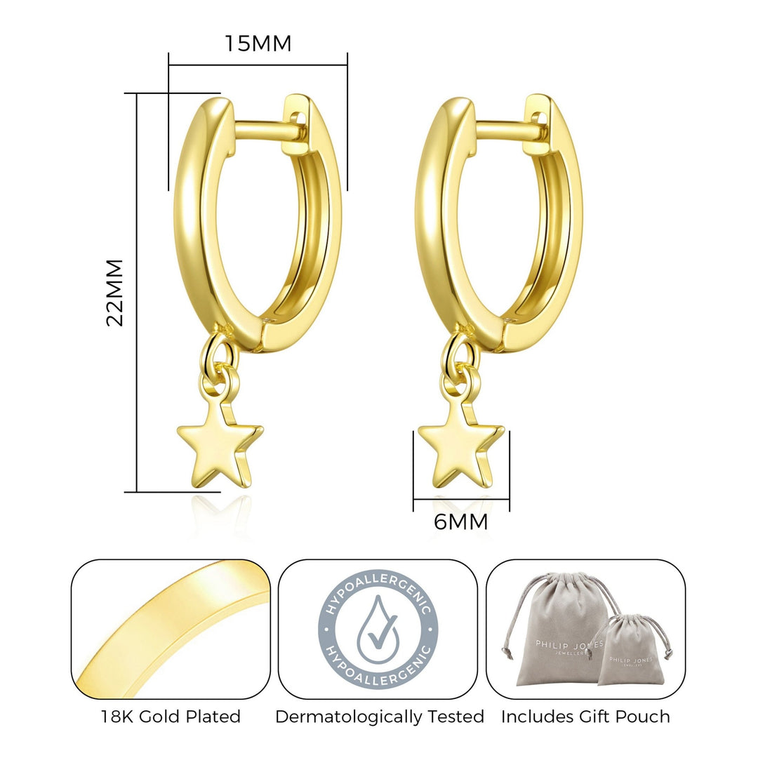 Gold Plated Star Charm Hoop Earrings - Philip Jones Jewellery
