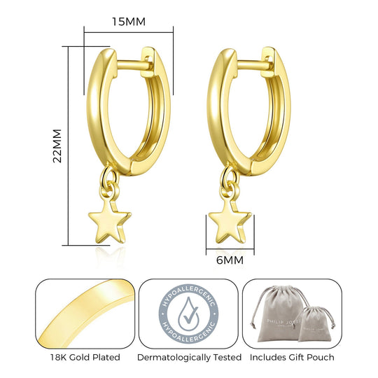 Gold Plated Star Charm Hoop Earrings - Philip Jones Jewellery
