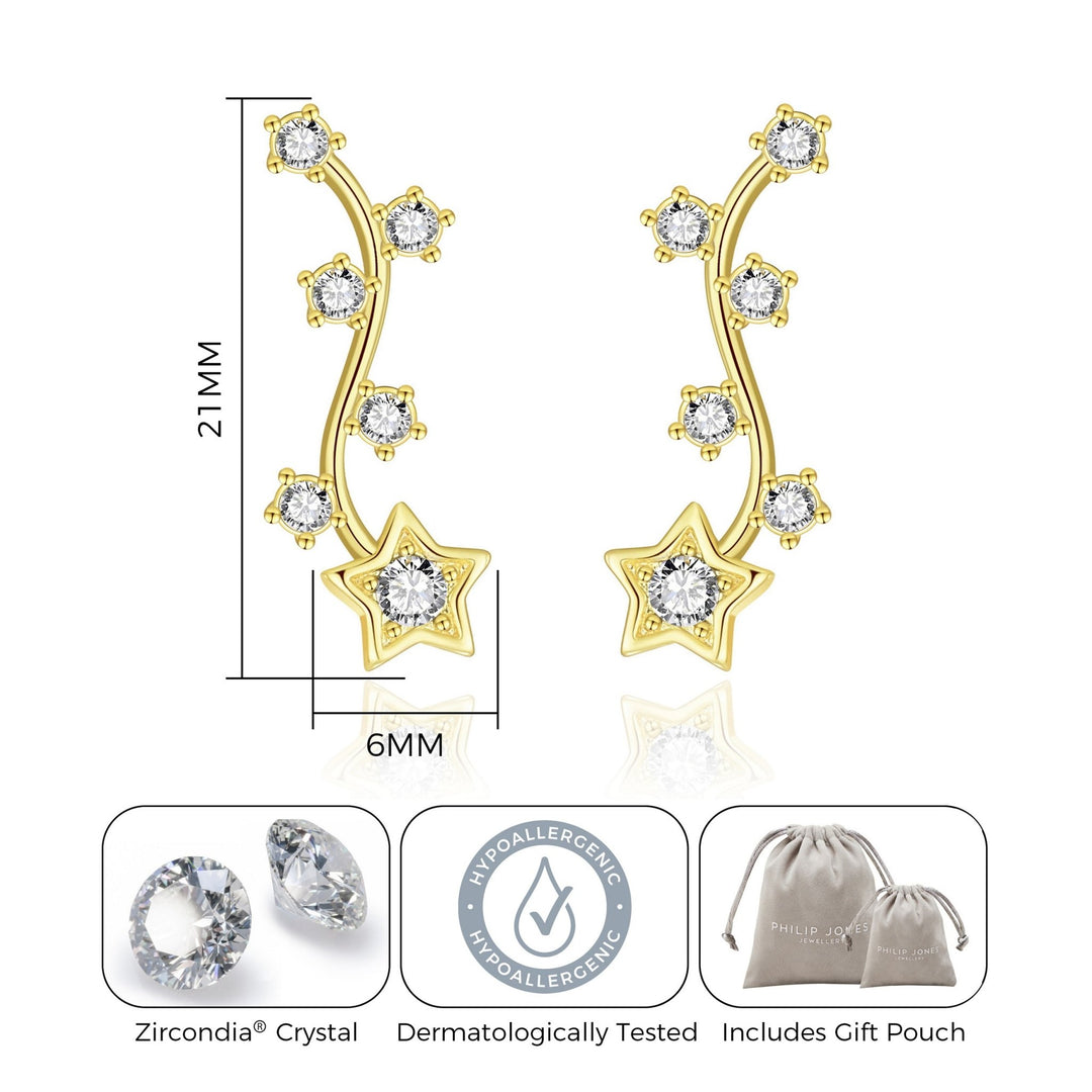 Gold Plated Star Climber Earrings Created with Zircondia® Crystals - Philip Jones Jewellery