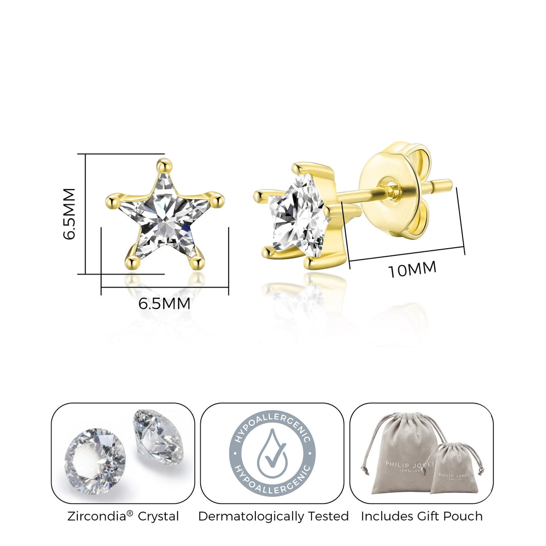 Gold Plated Star Earrings Created with Zircondia® Crystals - Philip Jones Jewellery