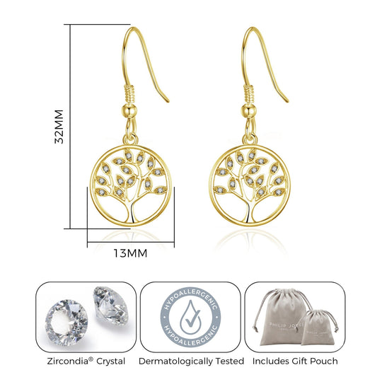 Gold Plated Tree of Life Drop Earrings Created with Crystals from Zircondia® - Philip Jones Jewellery