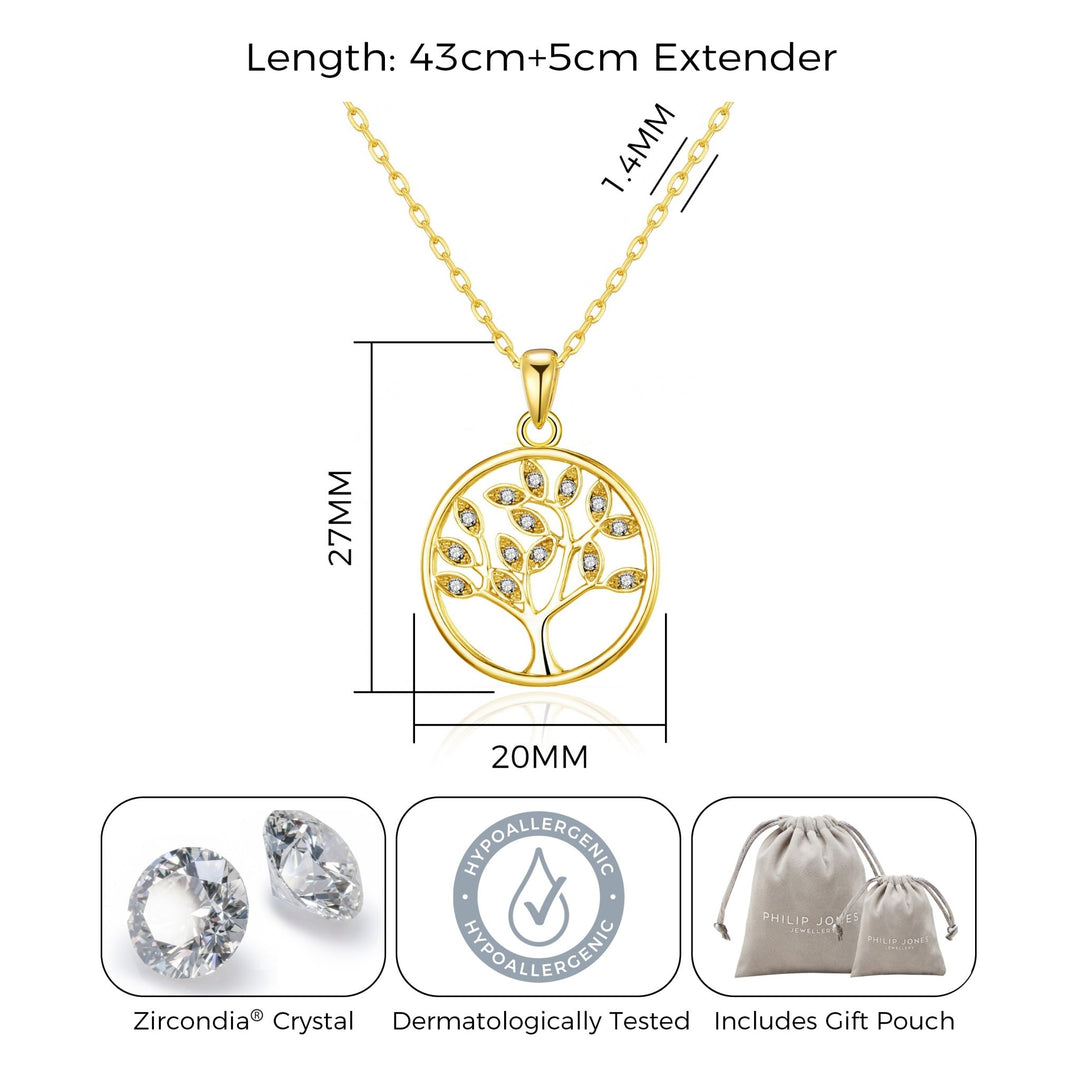Gold Plated Tree of Life Necklace Created with Zircondia® Crystals - Philip Jones Jewellery