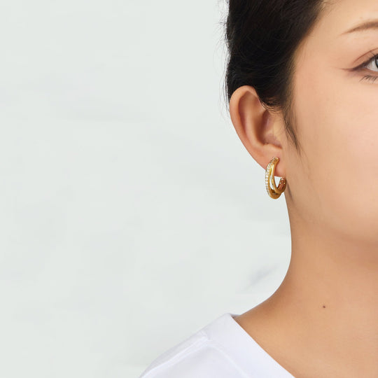 Gold Plated Triple Illusion Hoop Earrings Created with Zircondia® Crystals - Philip Jones Jewellery