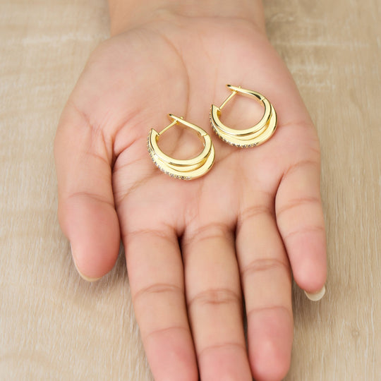 Gold Plated Triple Illusion Hoop Earrings Created with Zircondia® Crystals - Philip Jones Jewellery