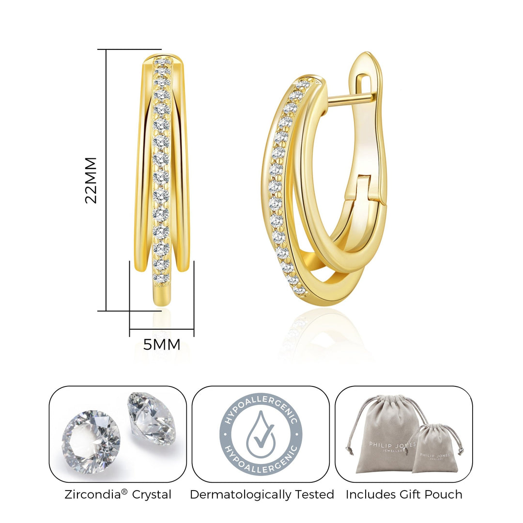 Gold Plated Triple Illusion Hoop Earrings Created with Zircondia® Crystals - Philip Jones Jewellery