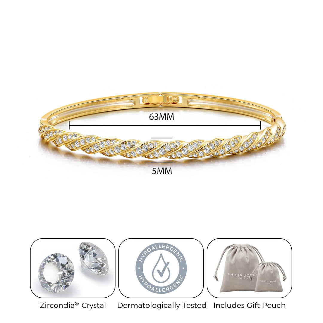Gold Plated Twist Bangle Created with Zircondia® Crystals (7 Inch) - Philip Jones Jewellery