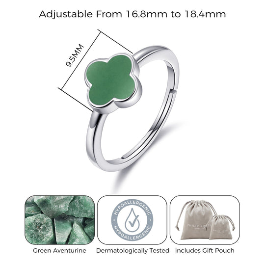 Green Aventurine Gemstone Adjustable Clover Ring - Philip Jones Jewellery