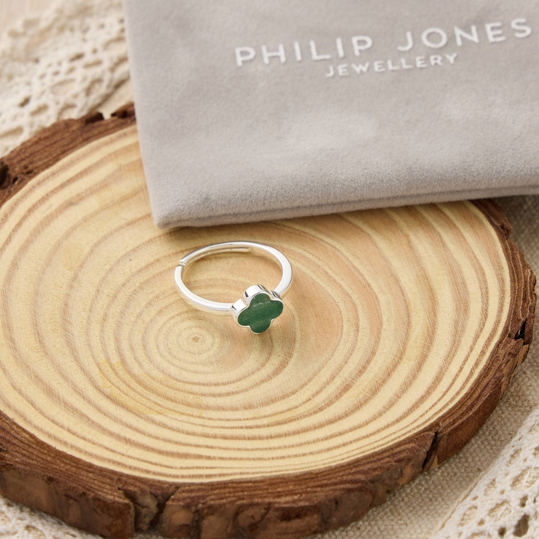Green Aventurine Gemstone Adjustable Clover Ring - Philip Jones Jewellery