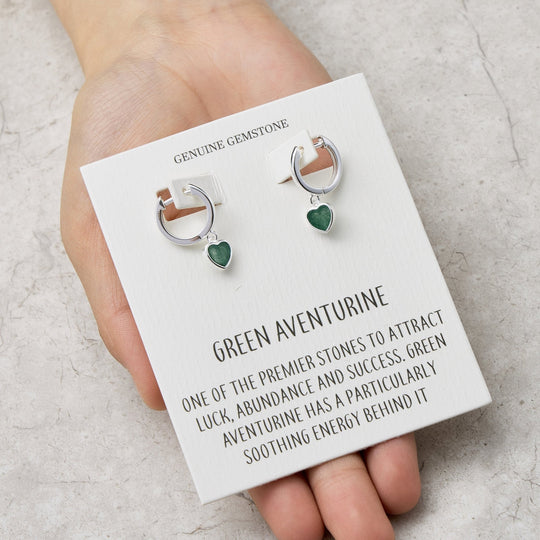 Green Aventurine Gemstone Heart Charm Hoop Earrings with Quote Card - Philip Jones Jewellery