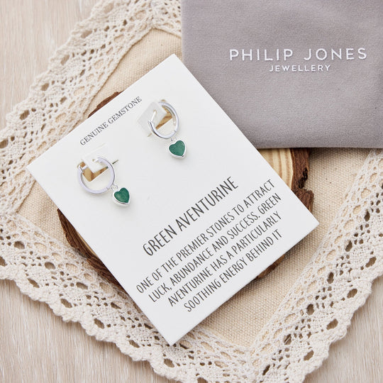 Green Aventurine Gemstone Heart Charm Hoop Earrings with Quote Card - Philip Jones Jewellery