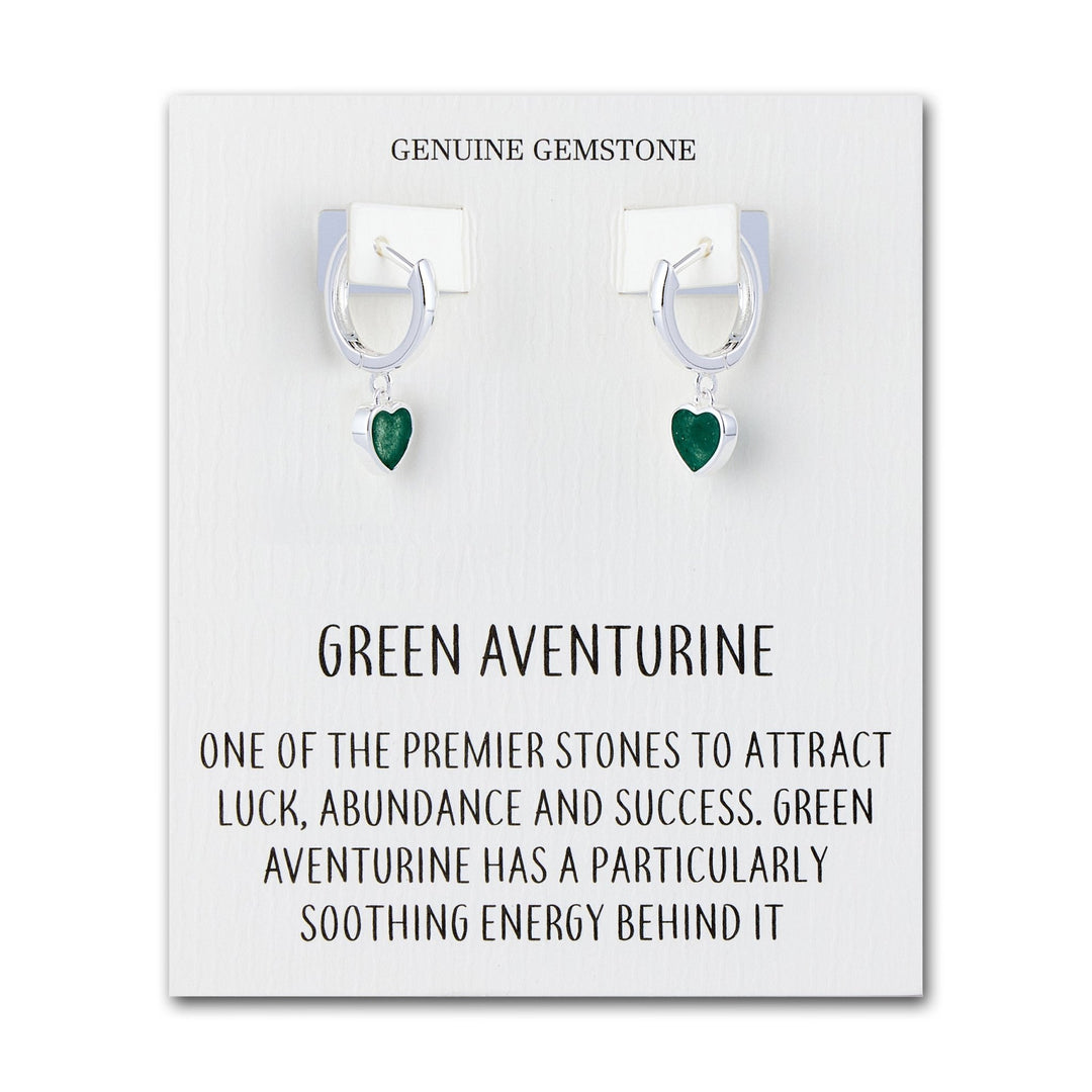 Green Aventurine Gemstone Heart Charm Hoop Earrings with Quote Card - Philip Jones Jewellery
