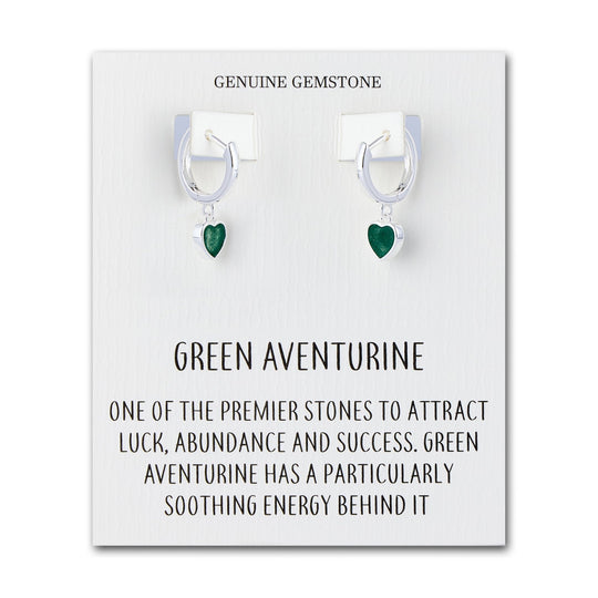 Green Aventurine Gemstone Heart Charm Hoop Earrings with Quote Card - Philip Jones Jewellery