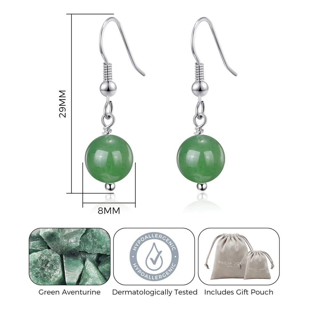Green Aventurine Gemstone Round Drop Earrings - Philip Jones Jewellery