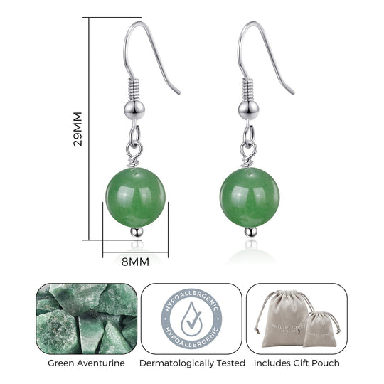 Green Aventurine Gemstone Round Drop Earrings - Philip Jones Jewellery
