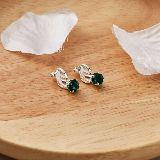 Green Crystal Clip On Earrings Created with Zircondia® Crystals - Philip Jones Jewellery
