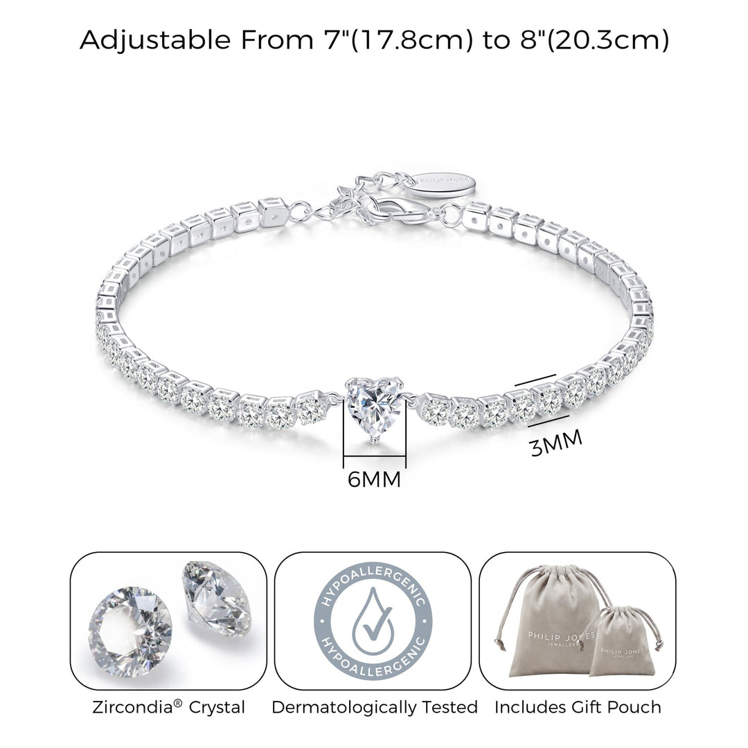 Heart Solitaire Tennis Bracelet Created with Zircondia® Crystals - Philip Jones Jewellery