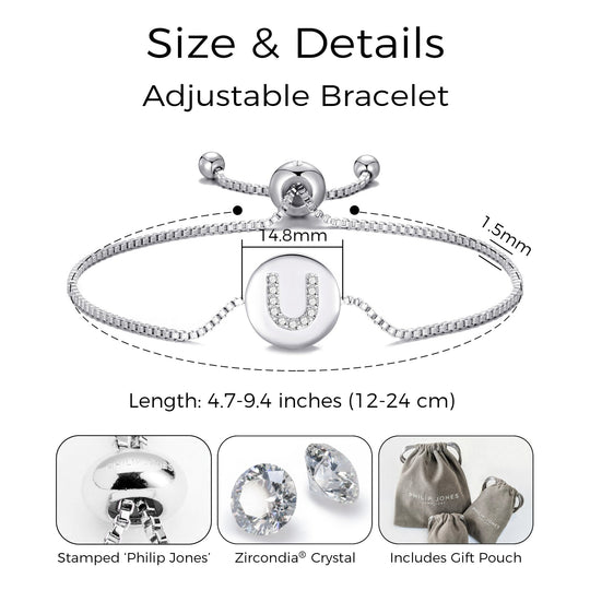 Initial Friendship Bracelet Letter U Created with Zircondia® Crystals - Philip Jones Jewellery