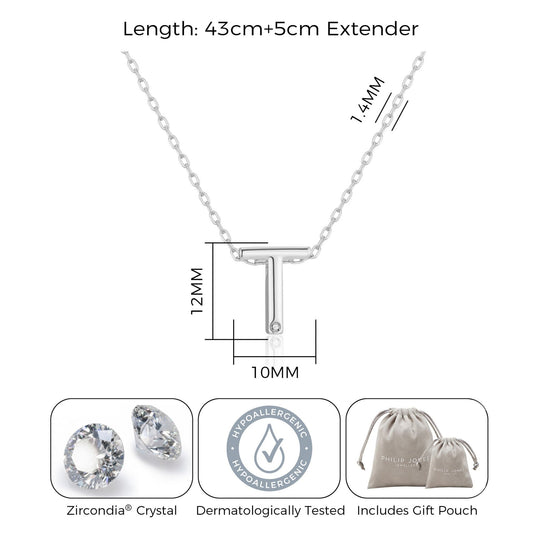Initial Necklace Letter T Created with Zircondia® Crystals - Philip Jones Jewellery
