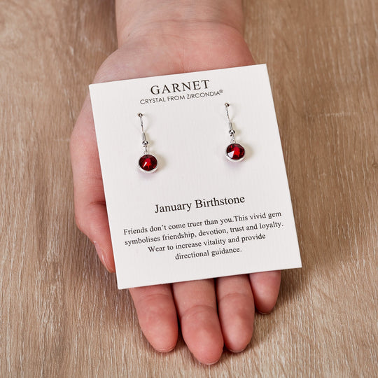 January Birthstone Drop Earrings Created with Garnet Zircondia® Crystals - Philip Jones Jewellery