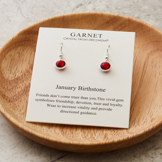 January Birthstone Drop Earrings Created with Garnet Zircondia® Crystals - Philip Jones Jewellery