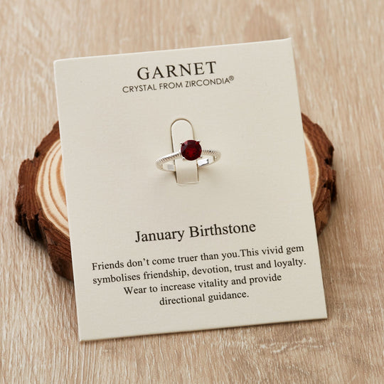 January (Garnet) Adjustable Birthstone Ring Created with Zircondia® Crystals - Philip Jones Jewellery