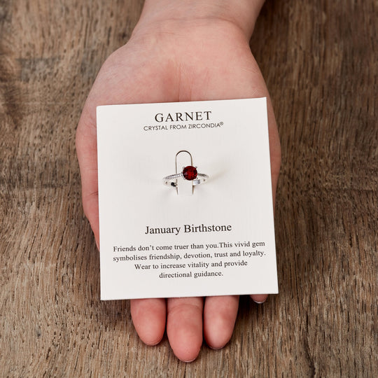 January (Garnet) Adjustable Birthstone Ring Created with Zircondia® Crystals - Philip Jones Jewellery