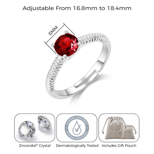 January (Garnet) Adjustable Birthstone Ring Created with Zircondia® Crystals - Philip Jones Jewellery