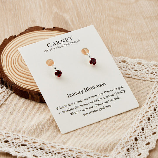 January (Garnet) Birthstone Clip On Earrings Created with Zircondia® Crystals - Philip Jones Jewellery