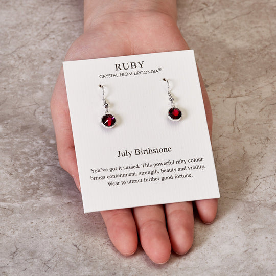 July Birthstone Drop Earrings Created with Ruby Zircondia® Crystals - Philip Jones Jewellery