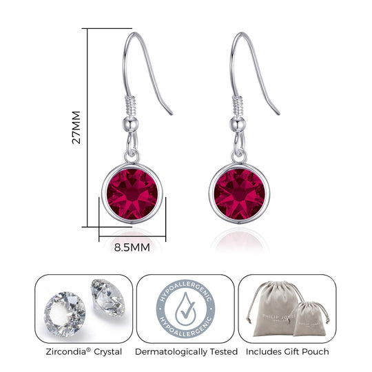 July Birthstone Drop Earrings Created with Ruby Zircondia® Crystals - Philip Jones Jewellery