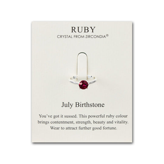 July (Ruby) Adjustable Birthstone Ring Created with Zircondia® Crystals - Philip Jones Jewellery