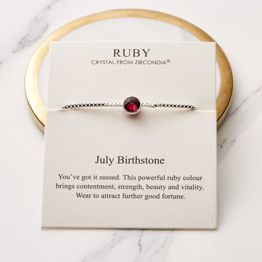 July (Ruby) Birthstone Bracelet Created with Zircondia® Crystals - Philip Jones Jewellery