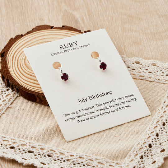 July (Ruby) Birthstone Clip On Earrings Created with Zircondia® Crystals - Philip Jones Jewellery