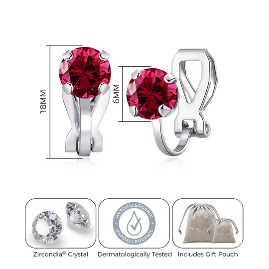 July (Ruby) Birthstone Clip On Earrings Created with Zircondia® Crystals - Philip Jones Jewellery