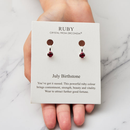 July (Ruby) Birthstone Clip On Earrings Created with Zircondia® Crystals - Philip Jones Jewellery