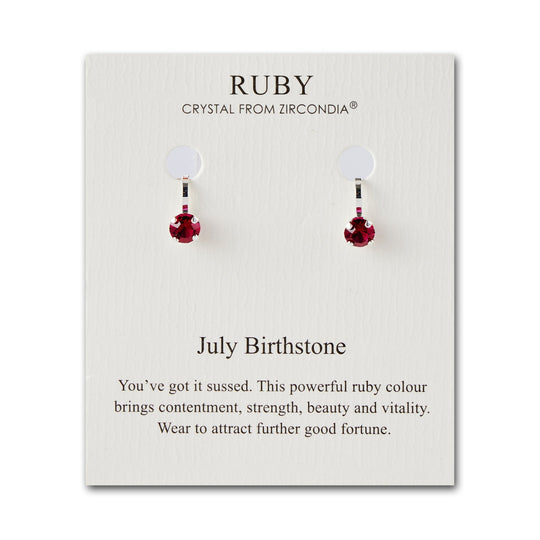 July (Ruby) Birthstone Clip On Earrings Created with Zircondia® Crystals - Philip Jones Jewellery
