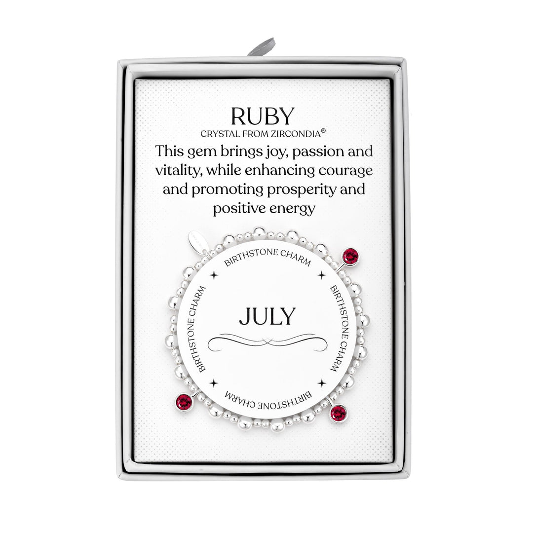 July (Ruby) Birthstone Stretch Charm Bracelet with Quote Gift Box - Philip Jones Jewellery