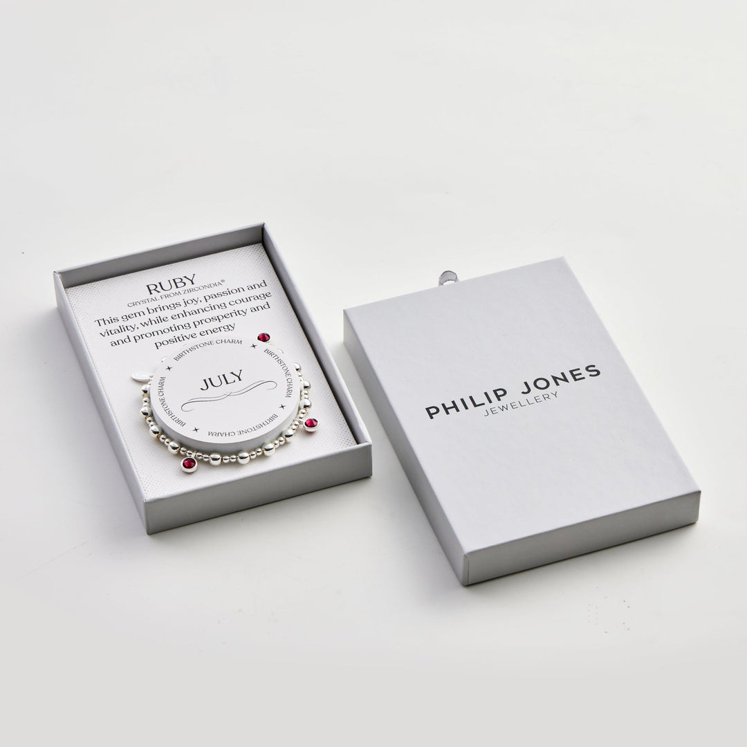July (Ruby) Birthstone Stretch Charm Bracelet with Quote Gift Box - Philip Jones Jewellery