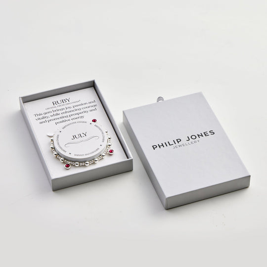 July (Ruby) Birthstone Stretch Charm Bracelet with Quote Gift Box - Philip Jones Jewellery